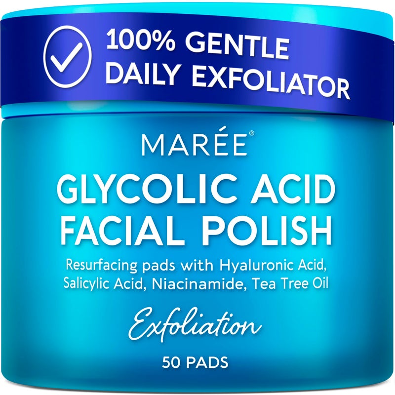 MAREE Glycolic Acid Pads - Toner Pads for Face Cleansing - Exfoliating Pad with Tea Tree Oil, Salicylic Acid & Vitamins E, B3, B5 - Acne Clearing, Skin Pore Resurfacing & Radiance Device - 50 Count - Image 1